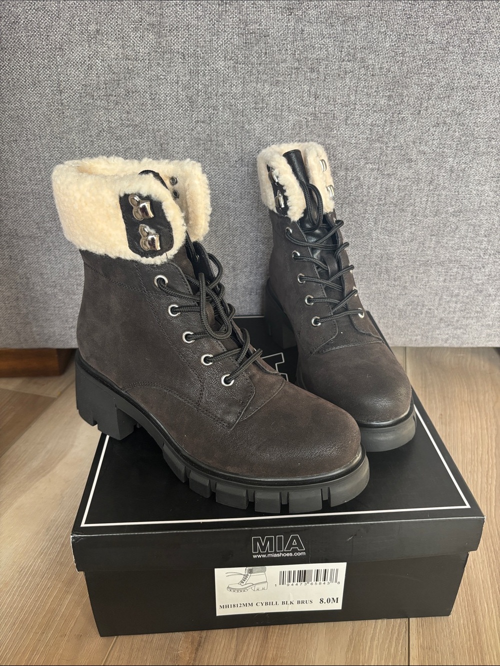 MIA Black Lace-Up Shearling-Trim Chunky Ankle Boots
